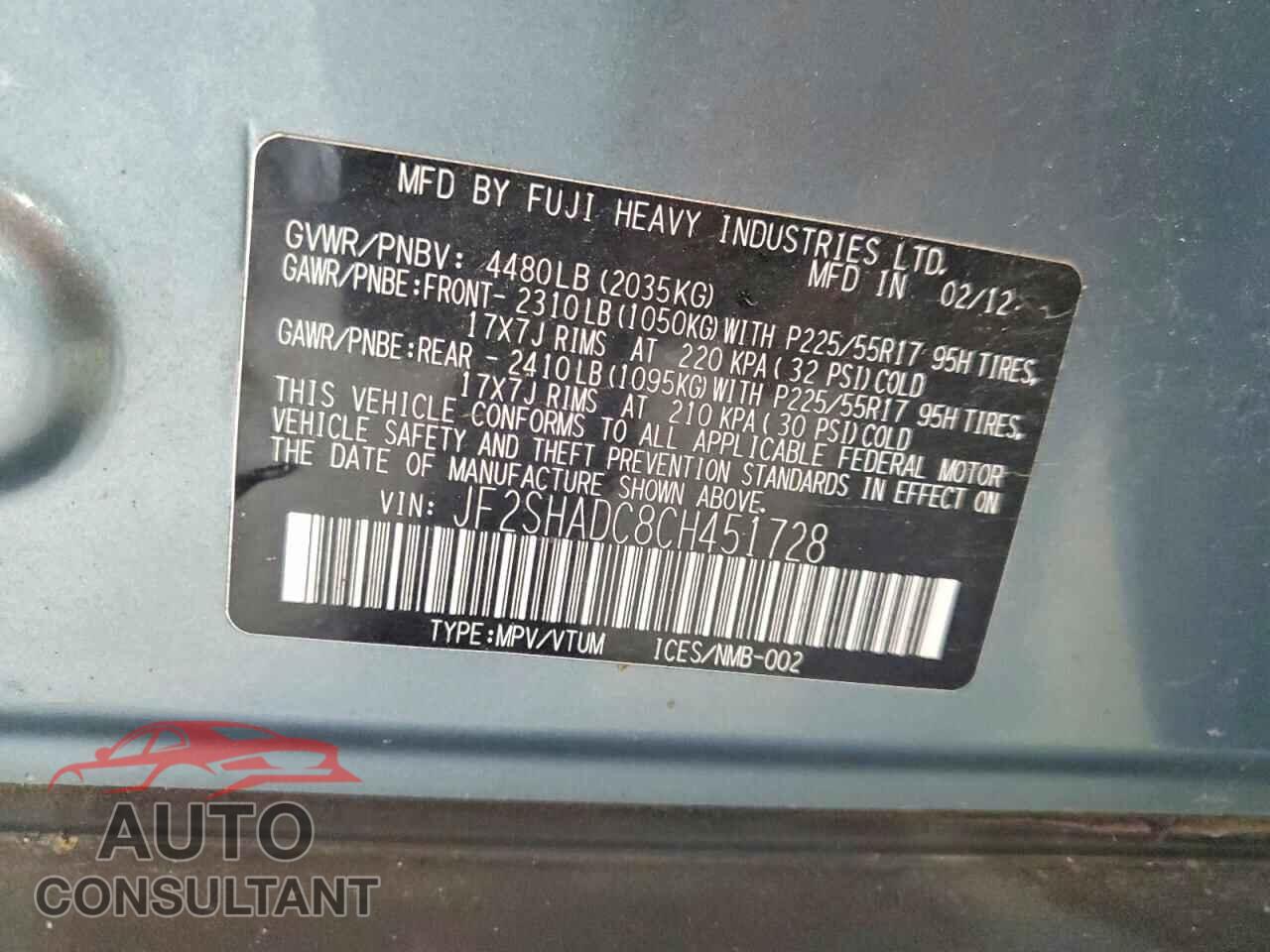 SUBARU FORESTER 2012 - JF2SHADC8CH451728