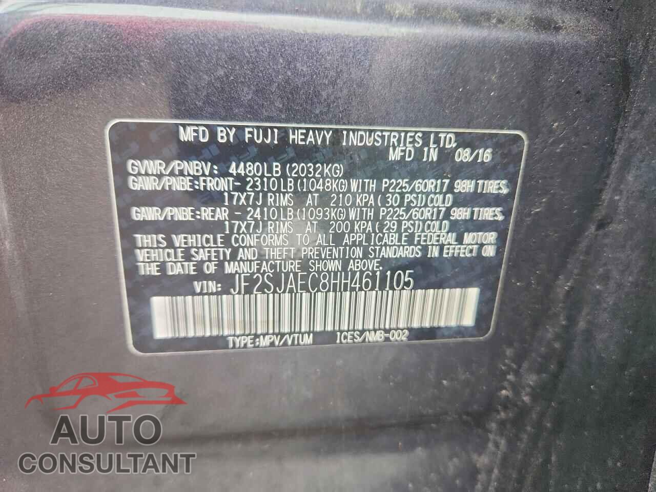 SUBARU FORESTER 2017 - JF2SJAEC8HH461105