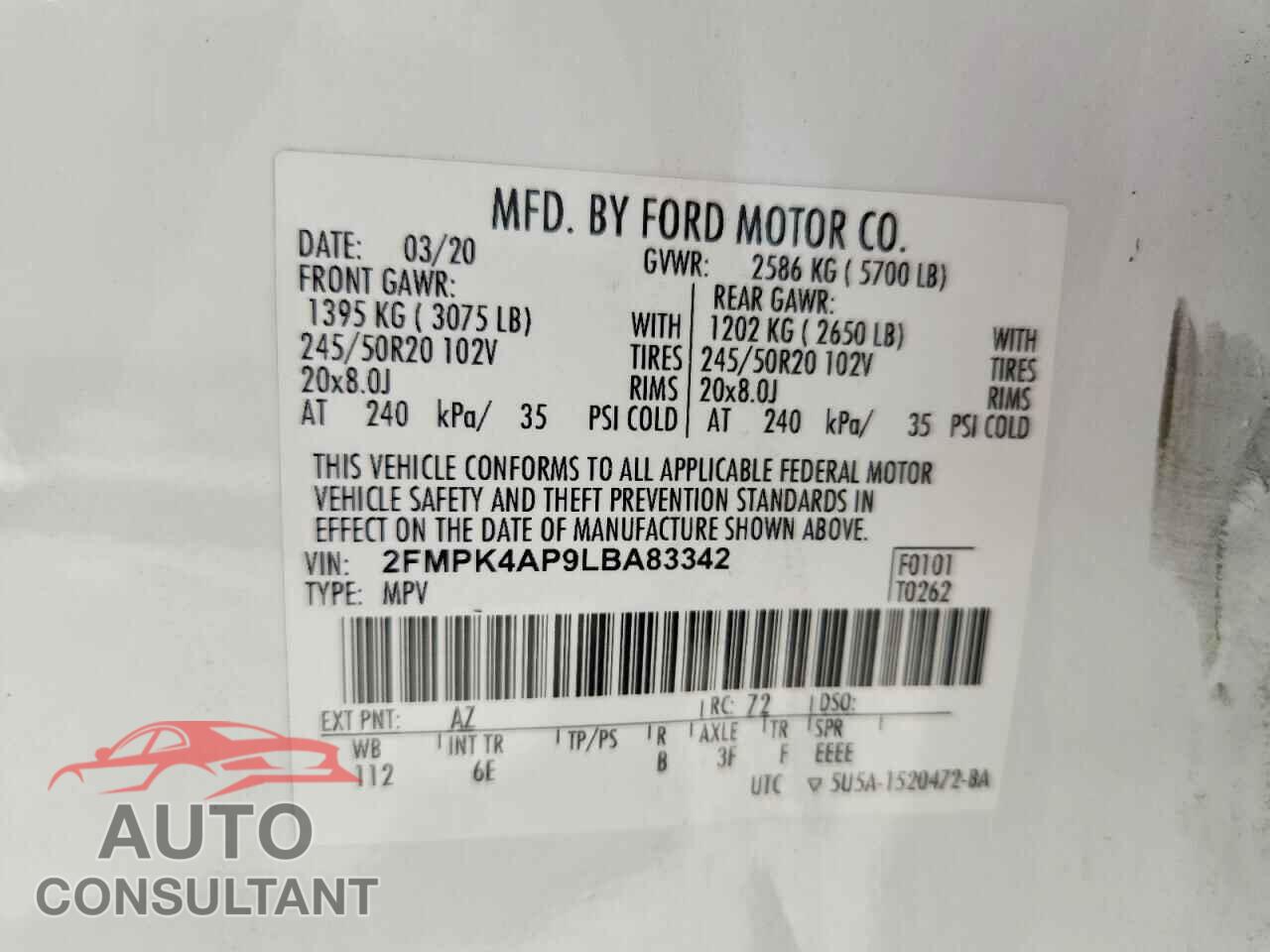 FORD EDGE 2020 - 2FMPK4AP9LBA83342