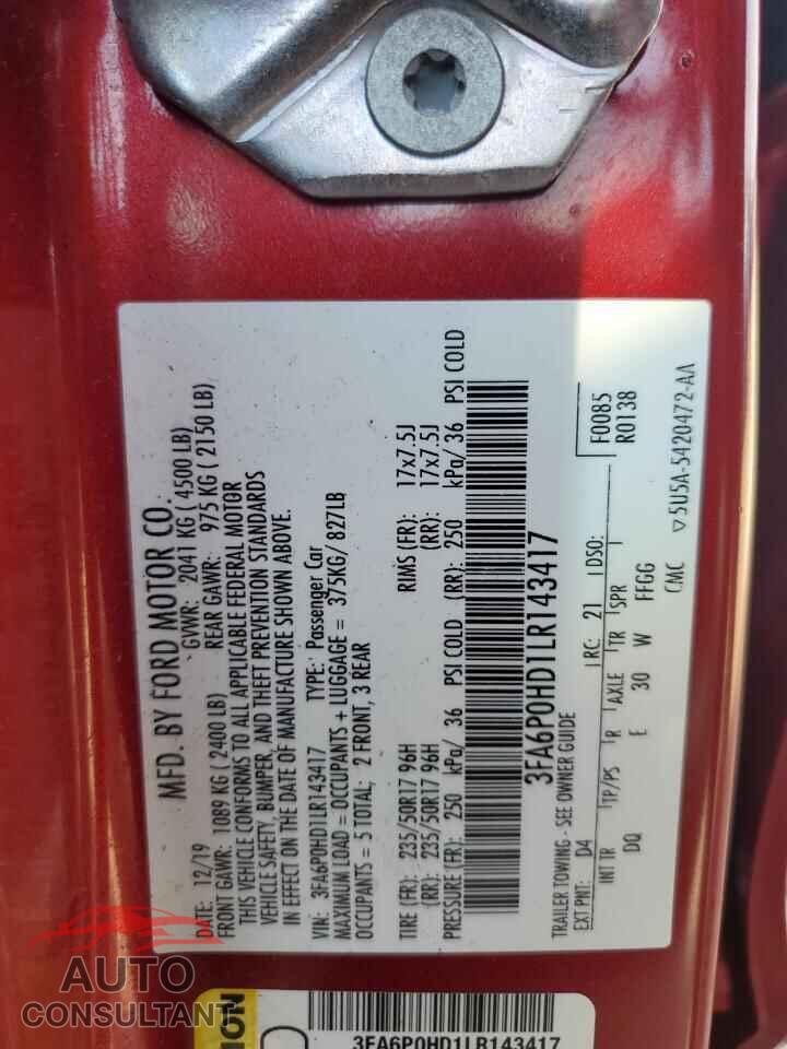 FORD FUSION 2020 - 3FA6P0HD1LR143417