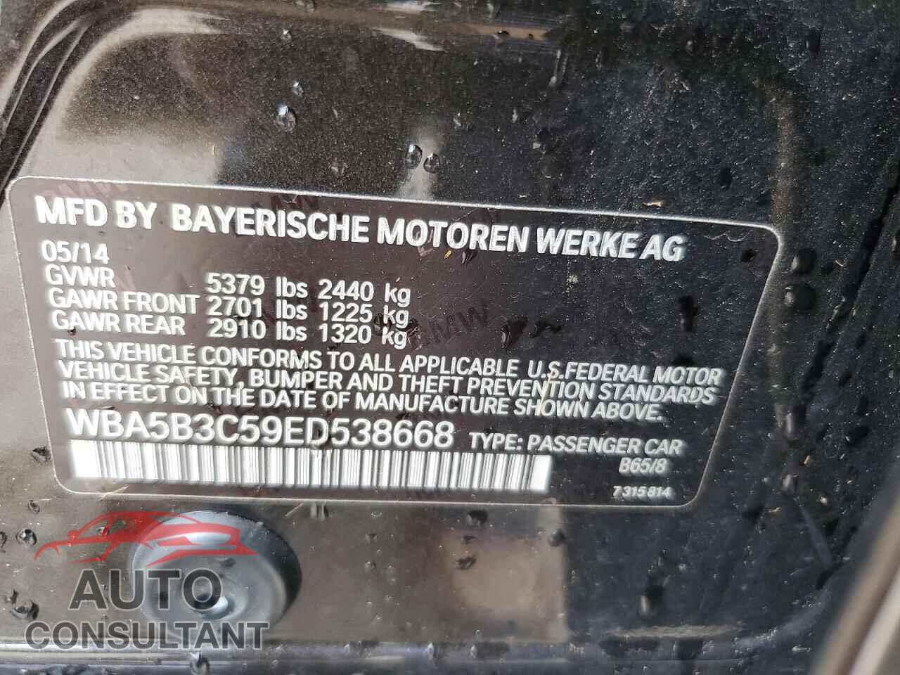 BMW 5 SERIES 2014 - WBA5B3C59ED538668