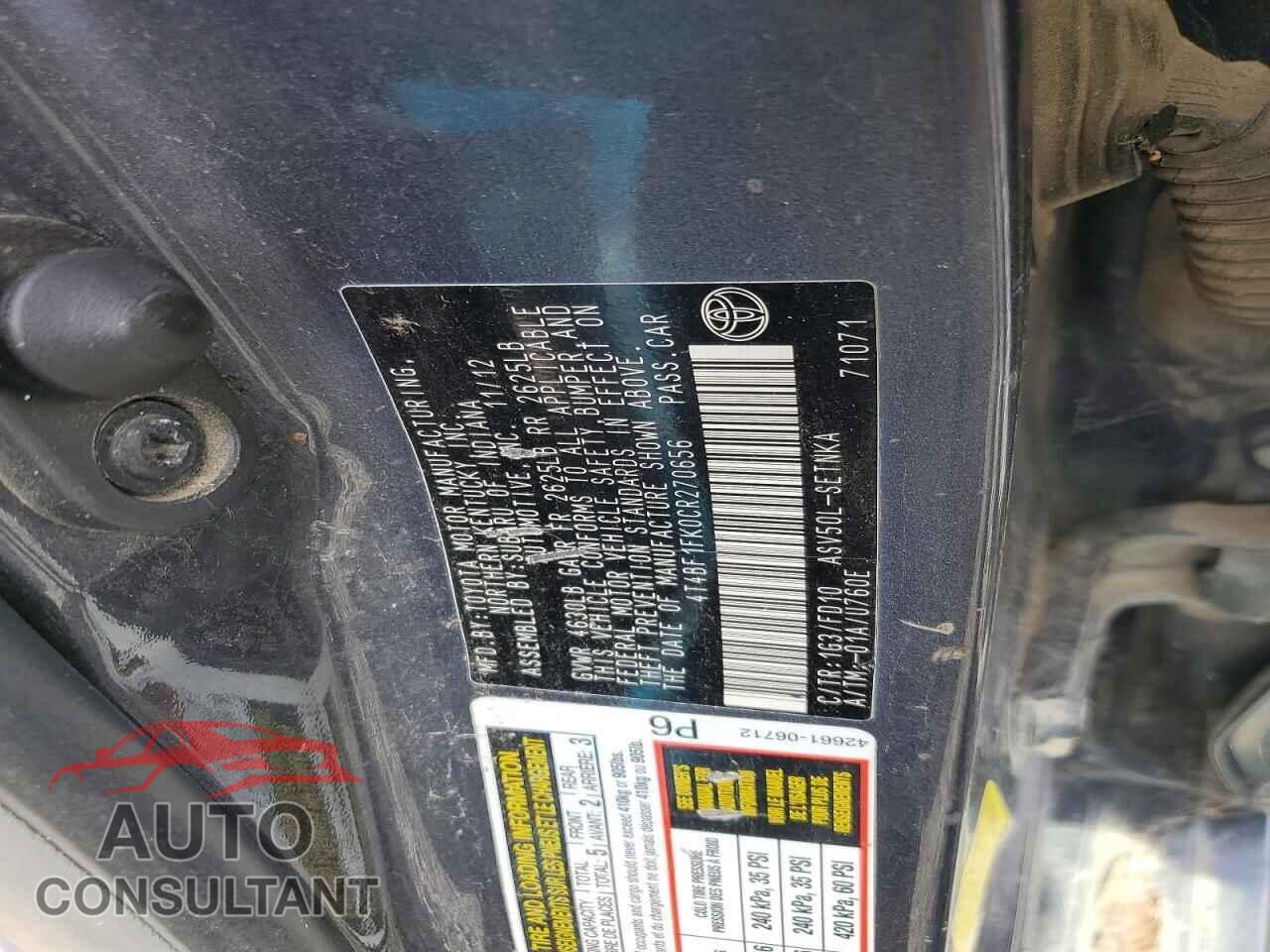 TOYOTA CAMRY 2012 - 4T4BF1FK0CR270656