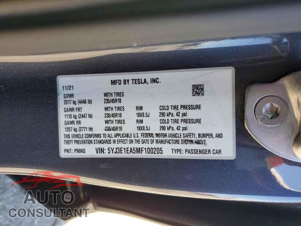 TESLA MODEL 3 2021 - 5YJ3E1EA5MF100205