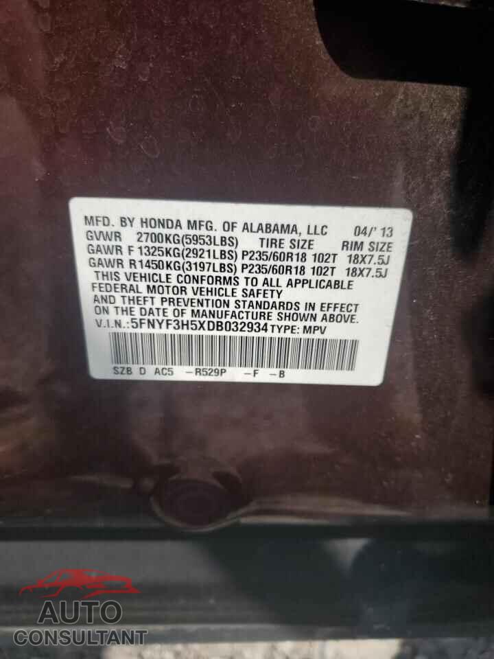 HONDA PILOT 2013 - 5FNYF3H5XDB032934