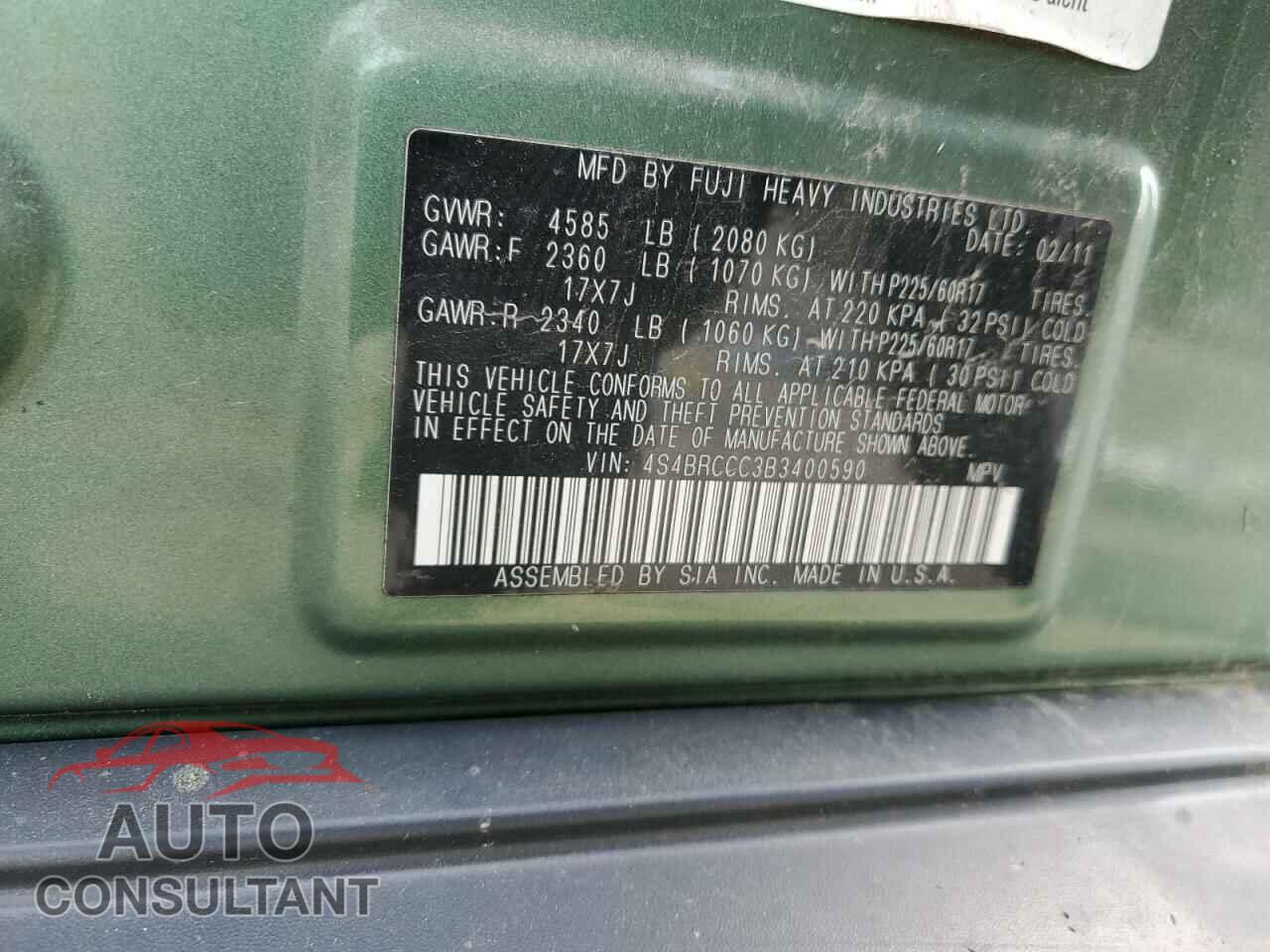 SUBARU OUTBACK 2011 - 4S4BRCCC3B3400590