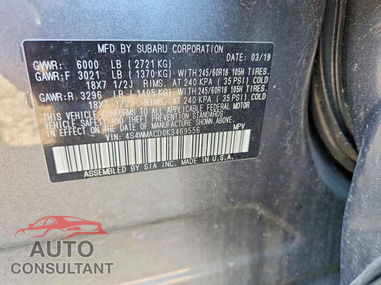 SUBARU ASCENT 2019 - 4S4WMACD0K3469556