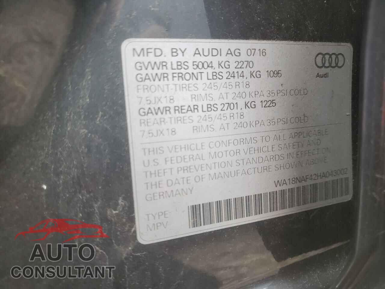 AUDI A4 2017 - WA18NAF42HA043002