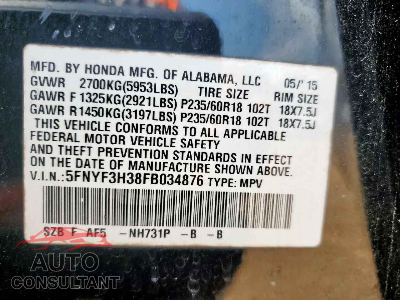 HONDA PILOT 2015 - 5FNYF3H38FB034876