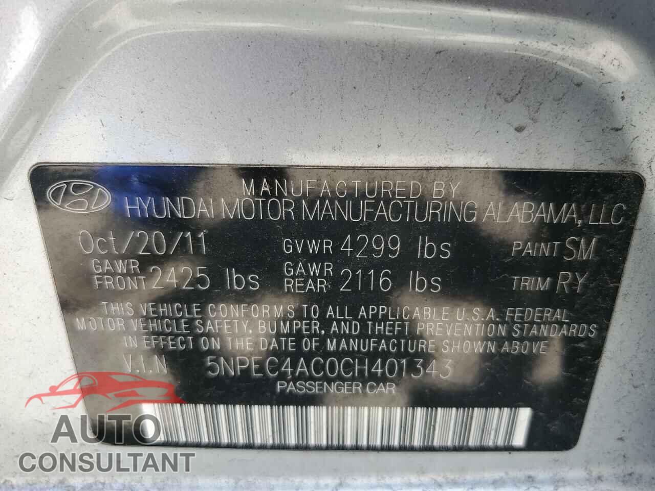 HYUNDAI SONATA 2012 - 5NPEC4AC0CH401343
