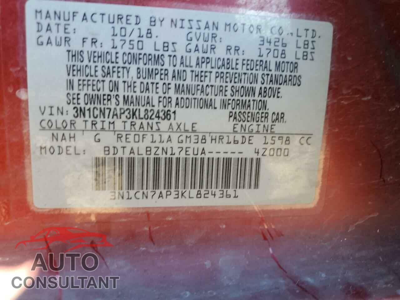 NISSAN VERSA 2019 - 3N1CN7AP3KL824361