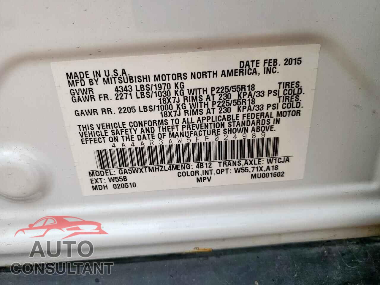 MITSUBISHI OUTLANDER 2015 - 4A4AR3AW5FE024989