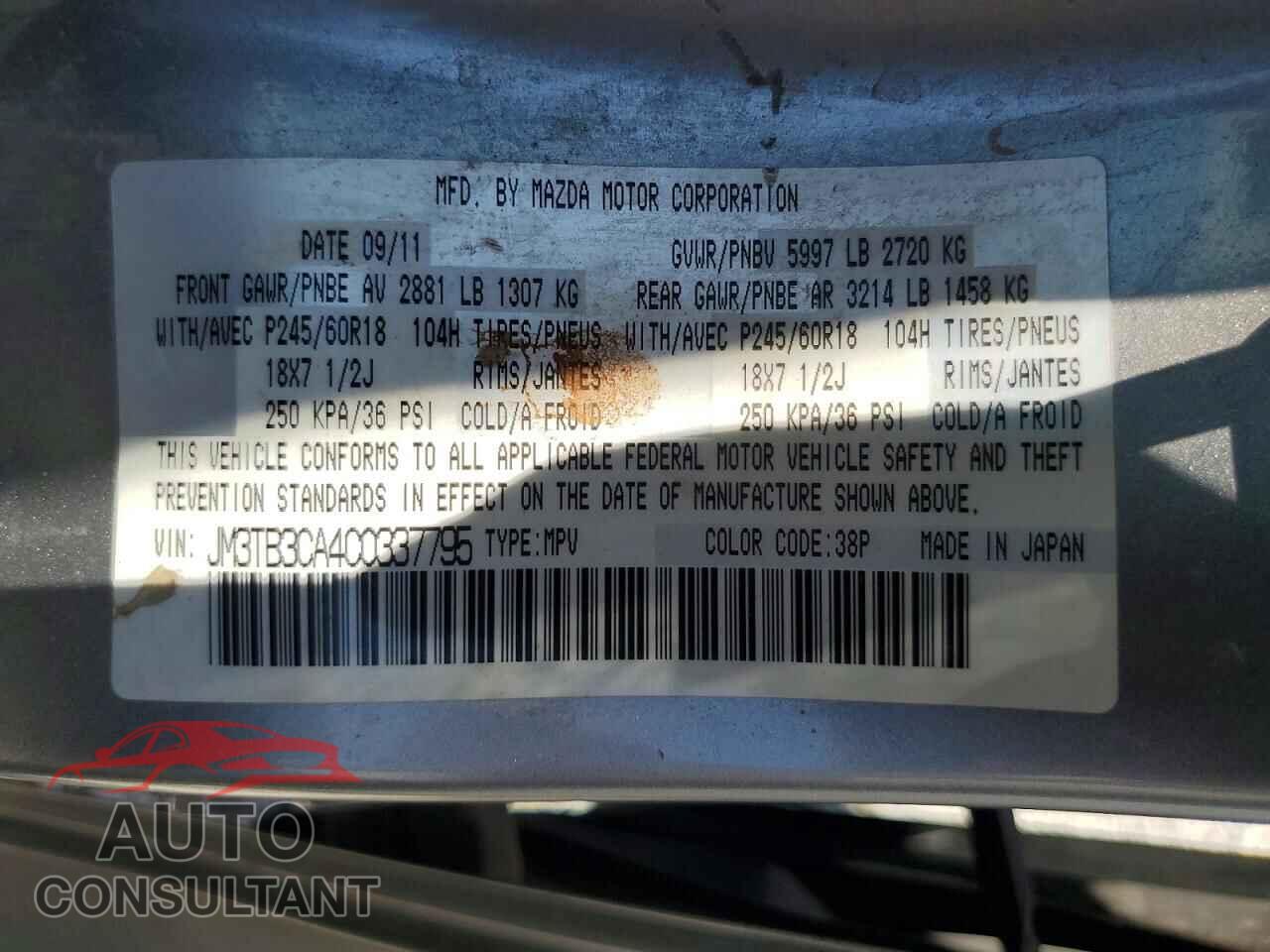 MAZDA CX-9 2012 - JM3TB3CA4C0337795