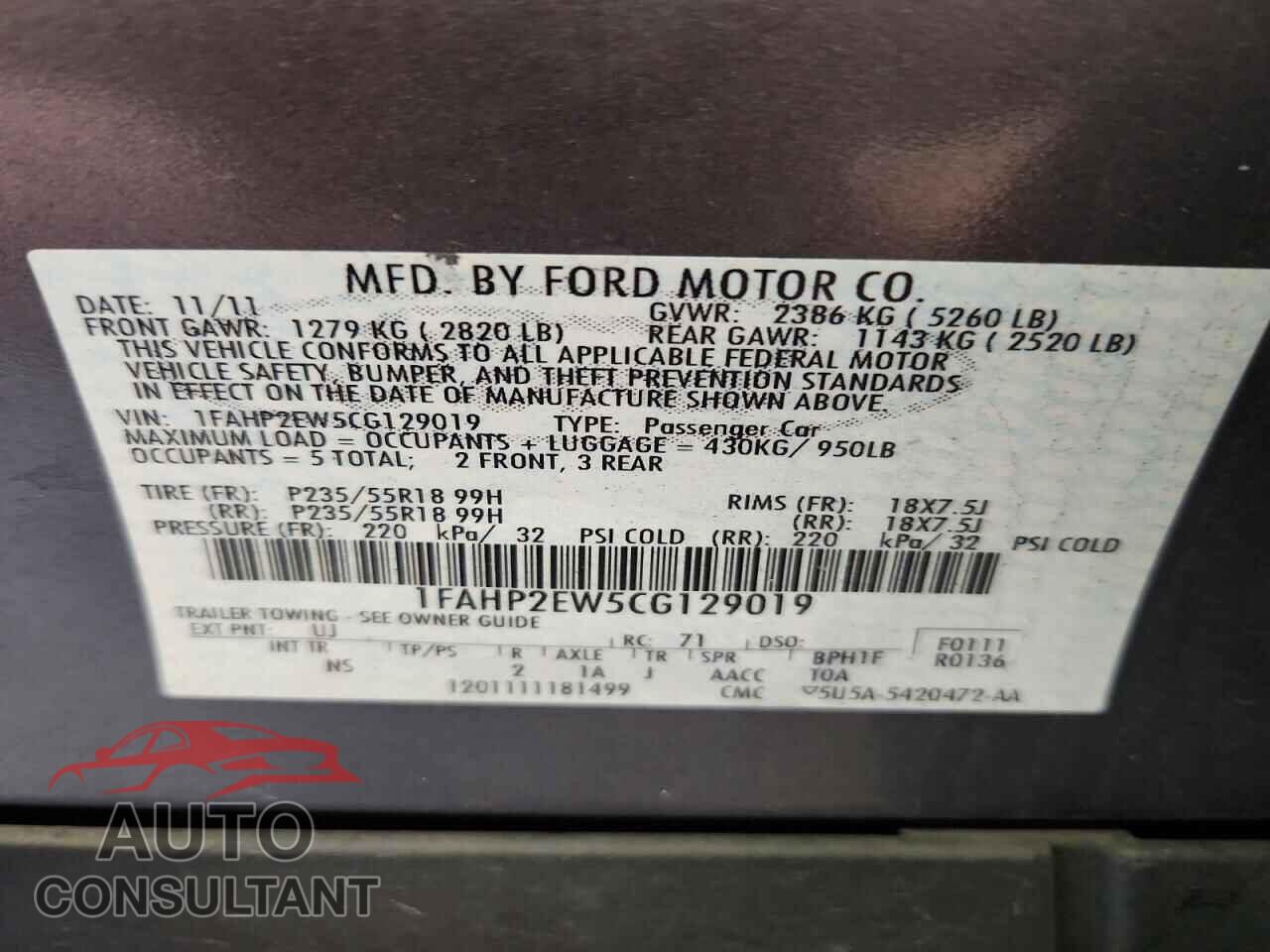 FORD TAURUS 2012 - 1FAHP2EW5CG129019
