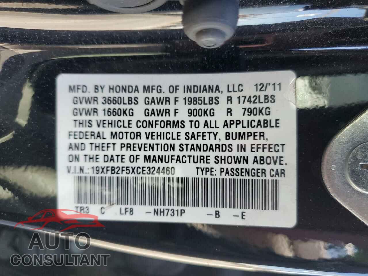 HONDA CIVIC 2012 - 19XFB2F5XCE324460