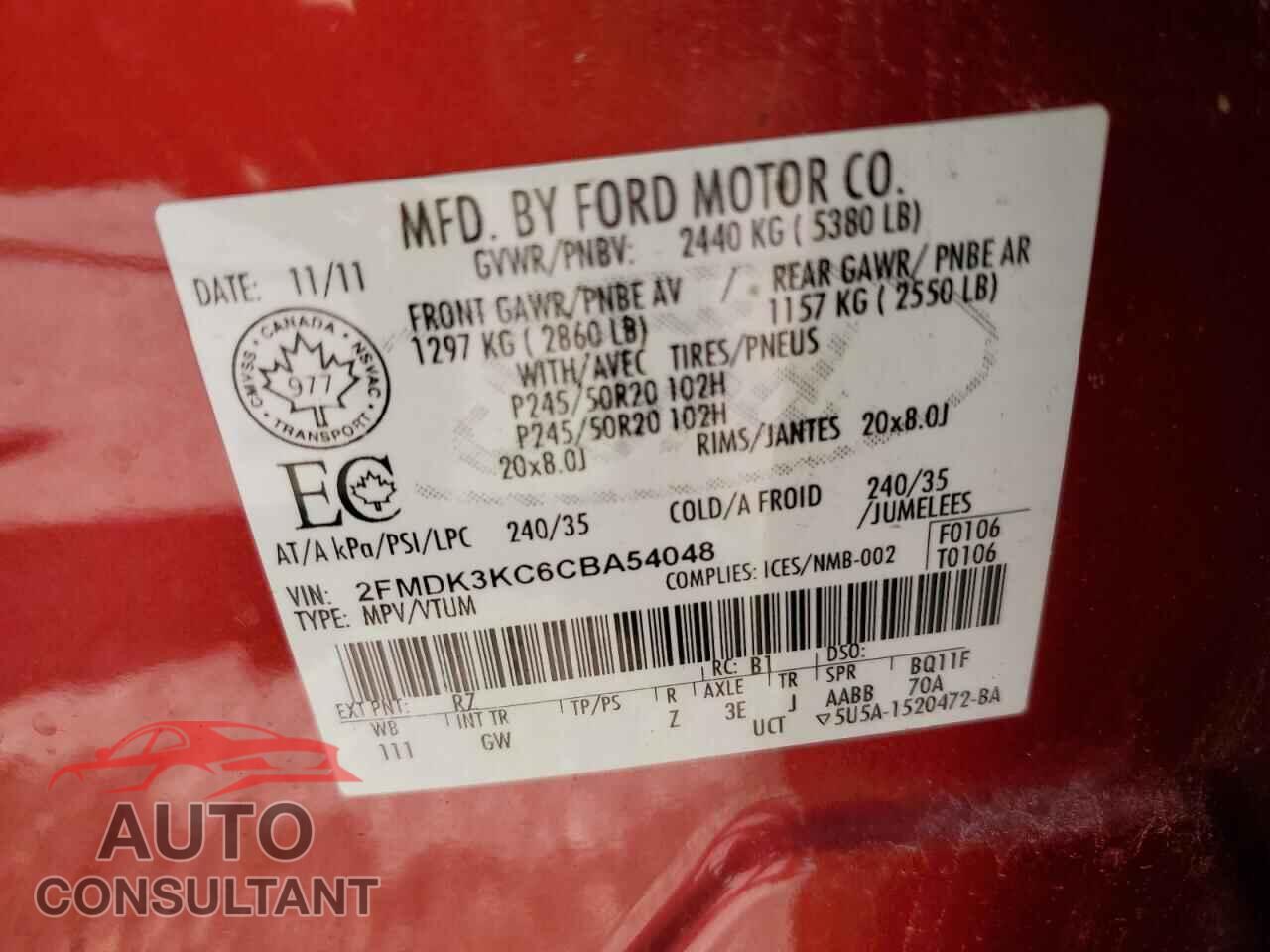 FORD EDGE 2012 - 2FMDK3KC6CBA54048