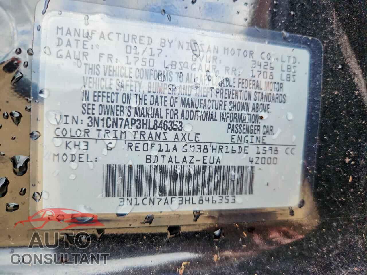 NISSAN VERSA 2017 - 3N1CN7AP3HL846353