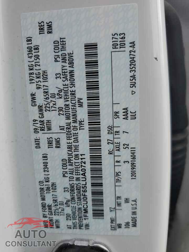 FORD ESCAPE 2020 - 1FMCU0F65LUA07211