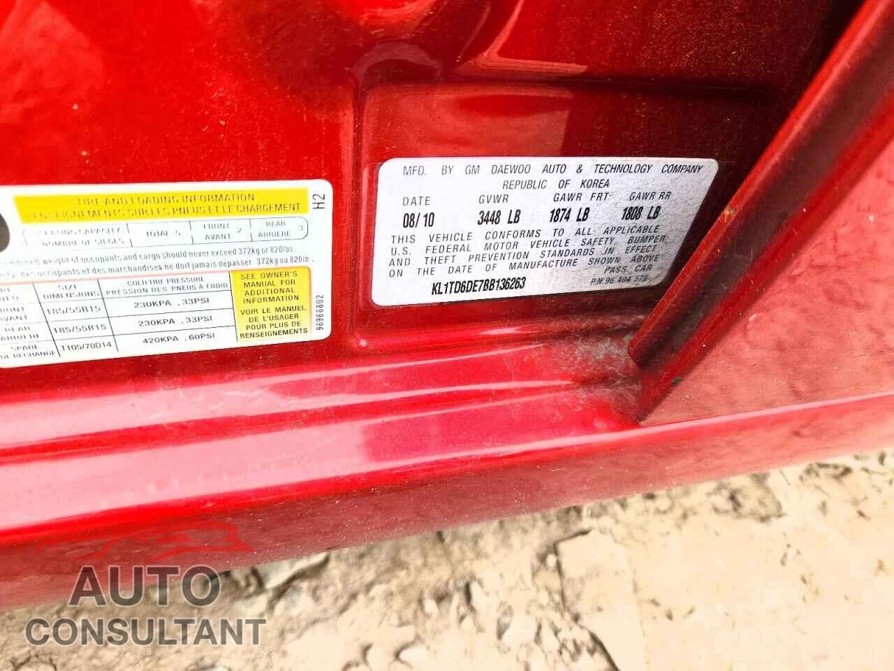 CHEVROLET AVEO 2011 - KL1TD6DE7BB136263