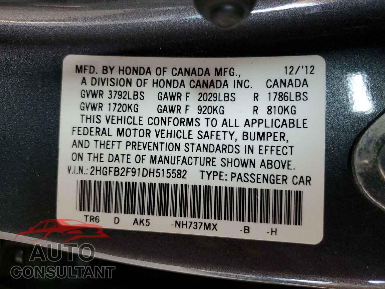 HONDA CIVIC 2013 - 2HGFB2F91DH515582