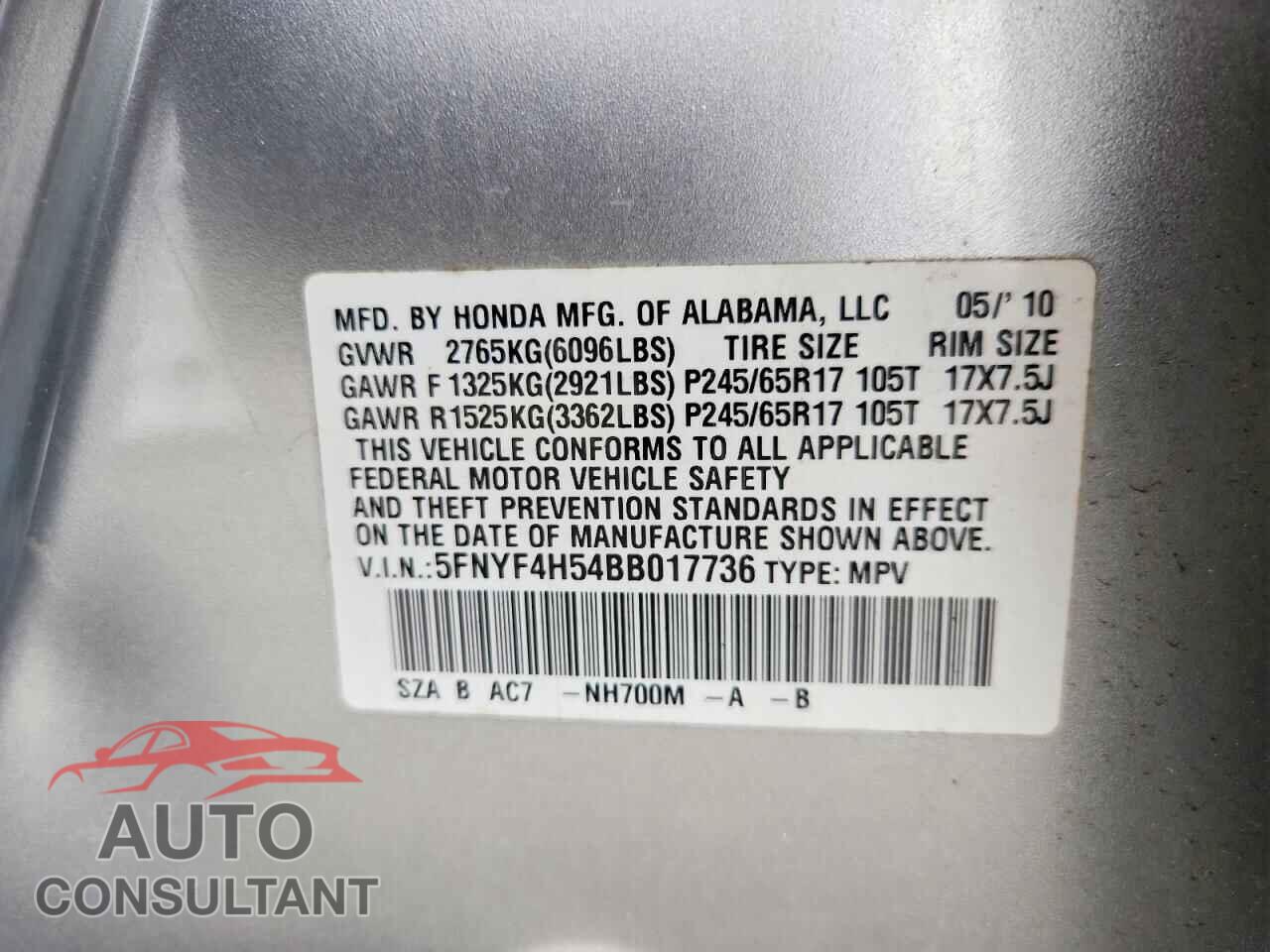 HONDA PILOT 2011 - 5FNYF4H54BB017736