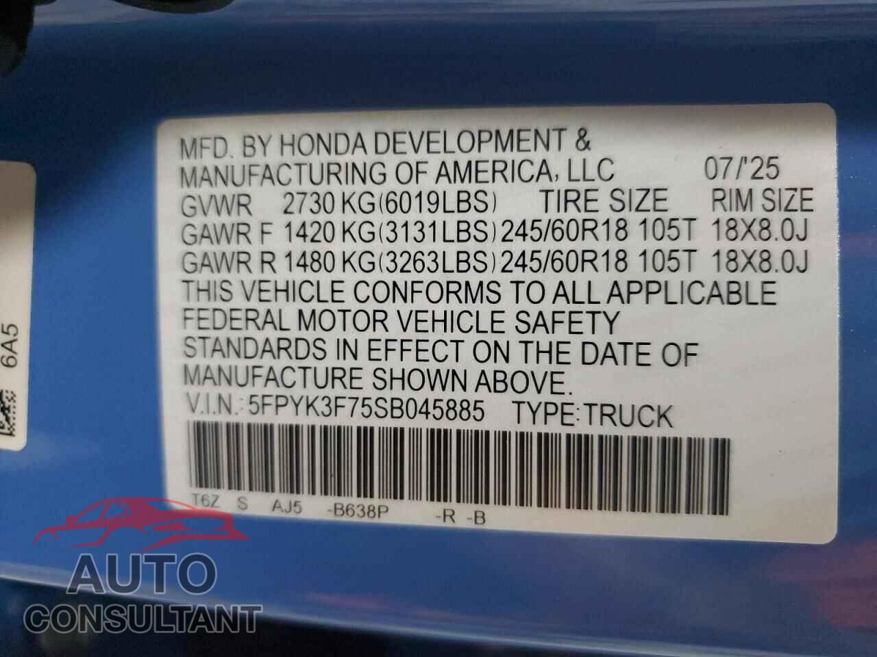HONDA RIDGELINE 2025 - 5FPYK3F75SB045885
