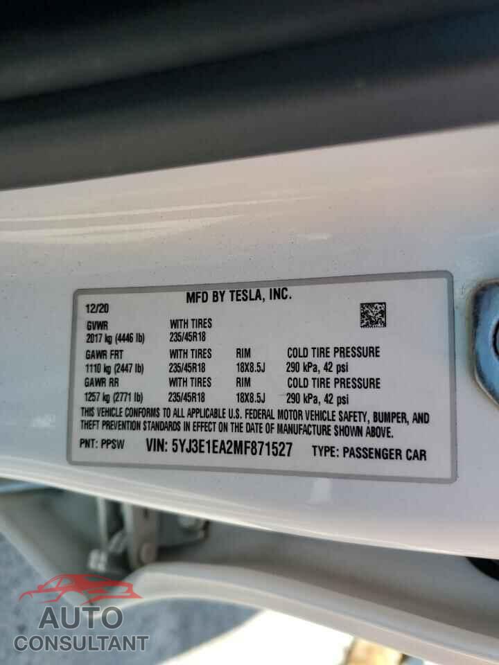 TESLA MODEL 3 2021 - 5YJ3E1EA2MF871527
