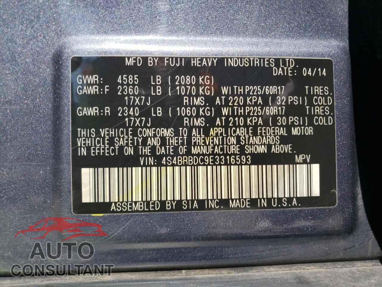 SUBARU OUTBACK 2014 - 4S4BRBDC9E3316593
