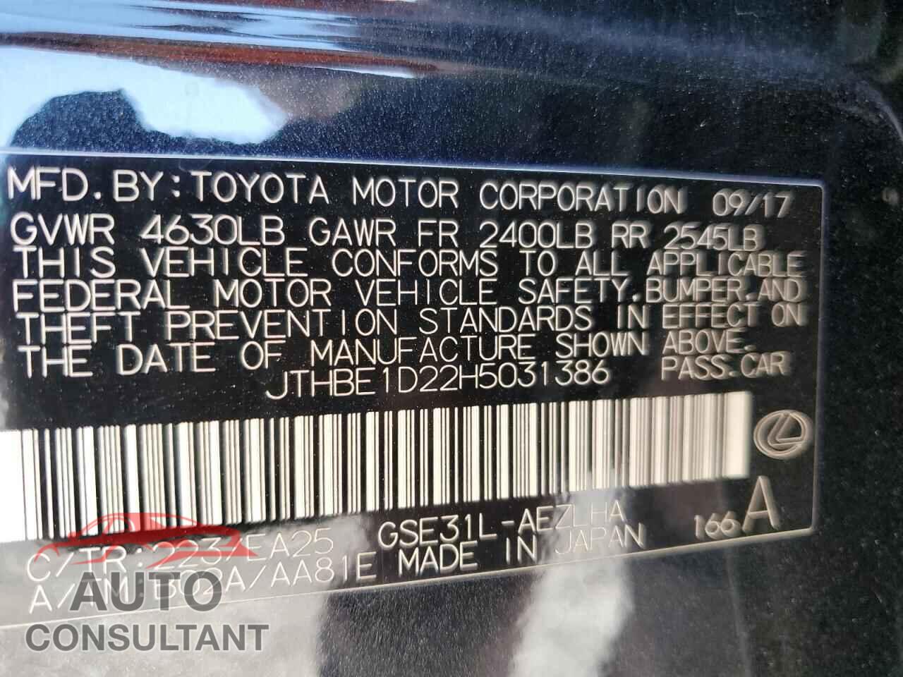 LEXUS IS 2017 - JTHBE1D22H5031386
