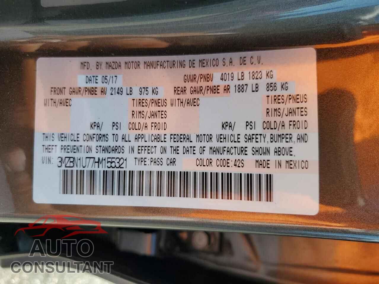 MAZDA 3 2017 - 3MZBN1U77HM155321