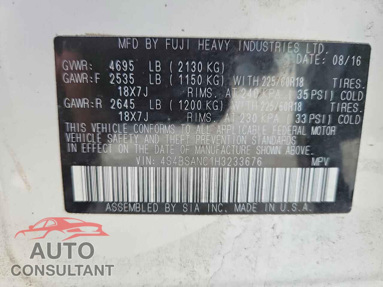 SUBARU OUTBACK 2017 - 4S4BSANC1H3233676