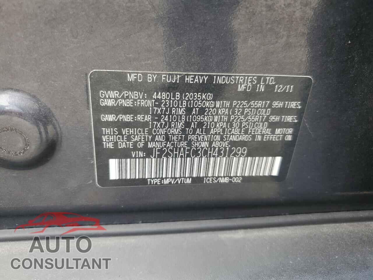 SUBARU FORESTER 2012 - JF2SHAFC3CH431299