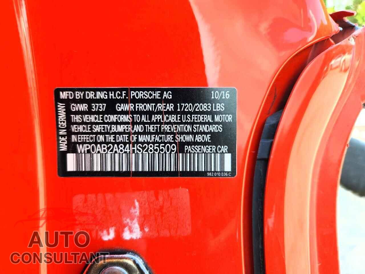 PORSCHE CAYMAN 2017 - WP0AB2A84HS285509