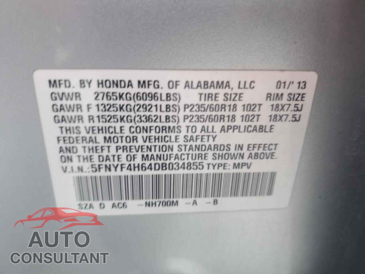 HONDA PILOT 2013 - 5FNYF4H64DB034855