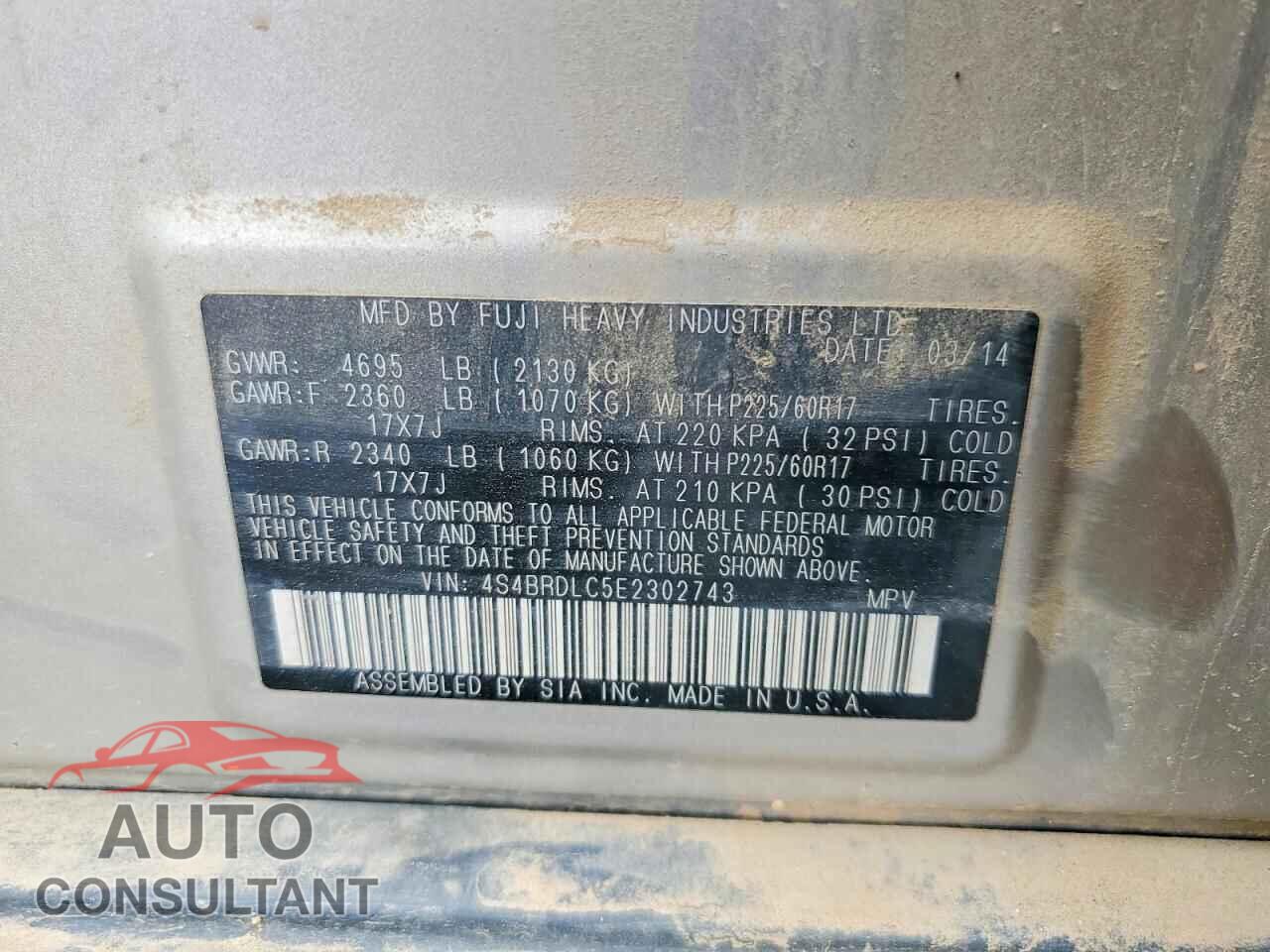 SUBARU OUTBACK 2014 - 4S4BRDLC5E2302743