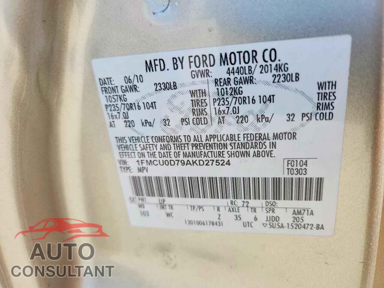 FORD ESCAPE 2010 - 1FMCU0D79AKD27524