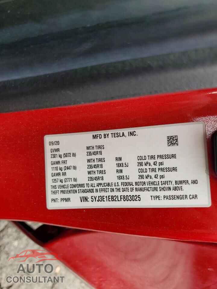 TESLA MODEL 3 2020 - 5YJ3E1EB2LF803025
