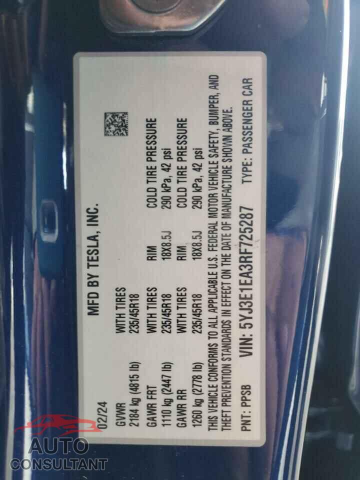 TESLA MODEL 3 2024 - 5YJ3E1EA3RF725287