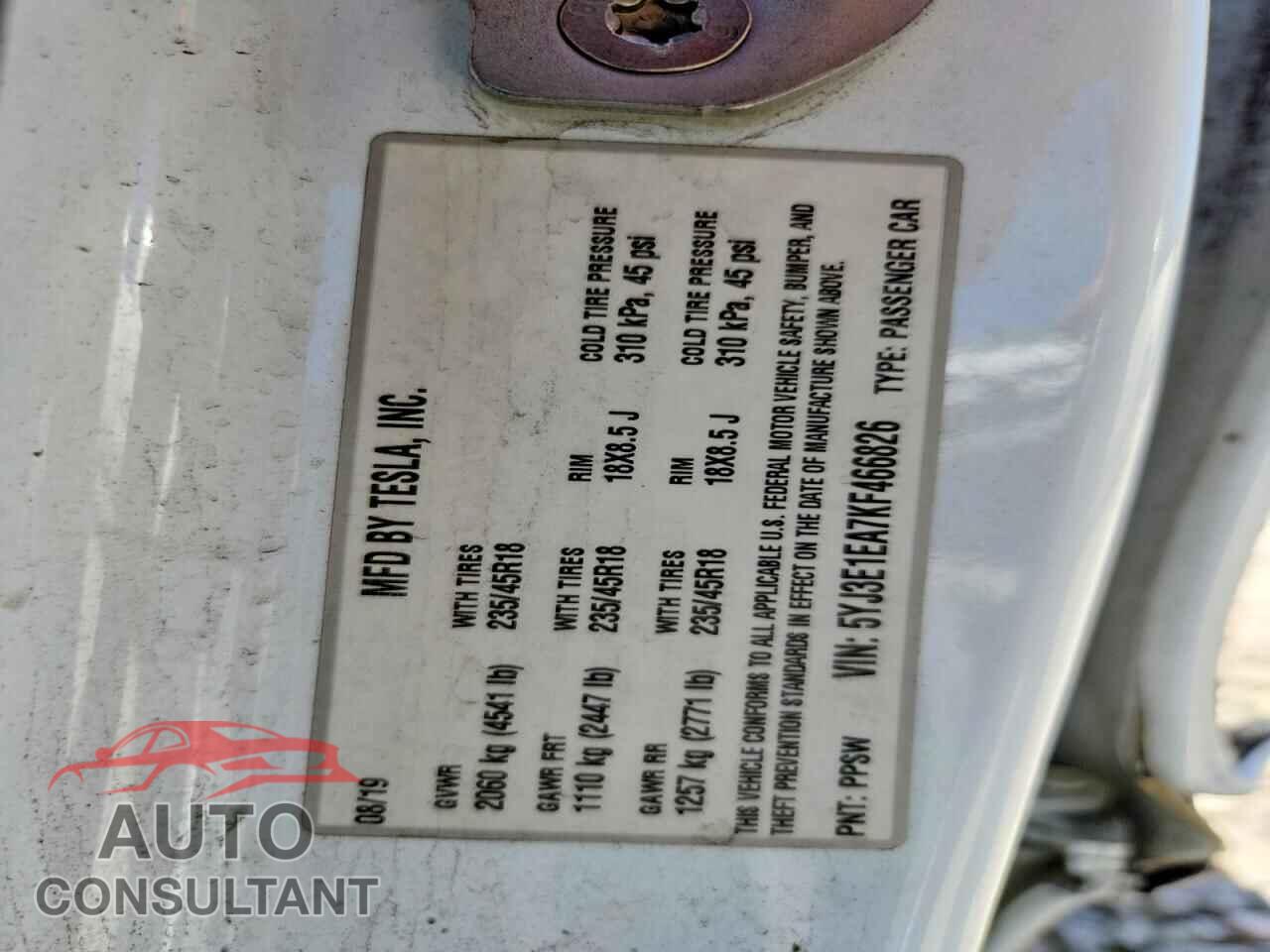 TESLA MODEL 3 2019 - 5YJ3E1EA7KF466826