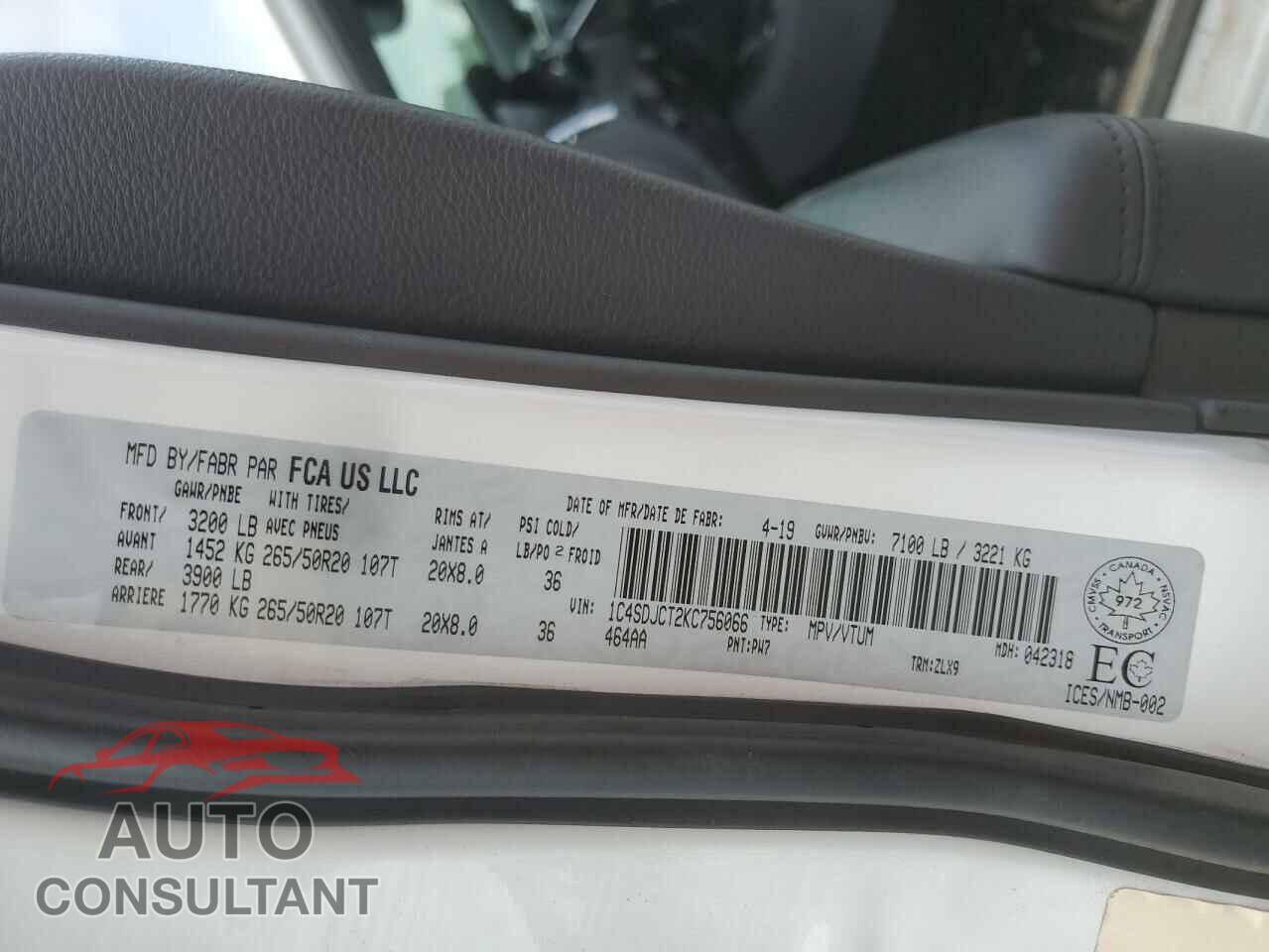 DODGE DURANGO 2019 - 1C4SDJCT2KC756066