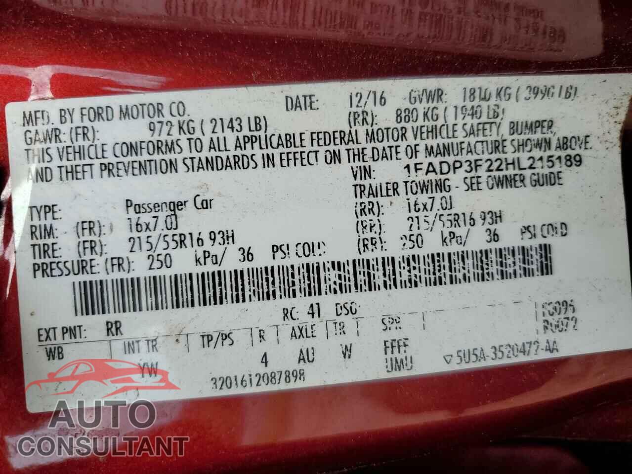 FORD FOCUS 2017 - 1FADP3F22HL215189