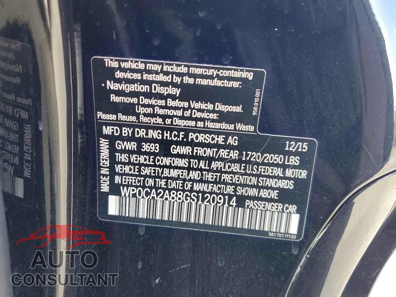 PORSCHE BOXSTER 2016 - WP0CA2A88GS120914