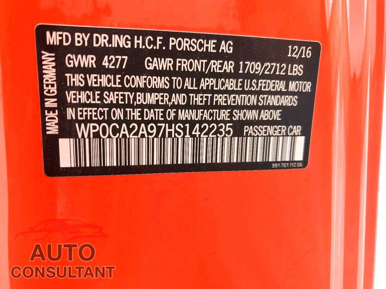 PORSCHE 911 2017 - WP0CA2A97HS142235
