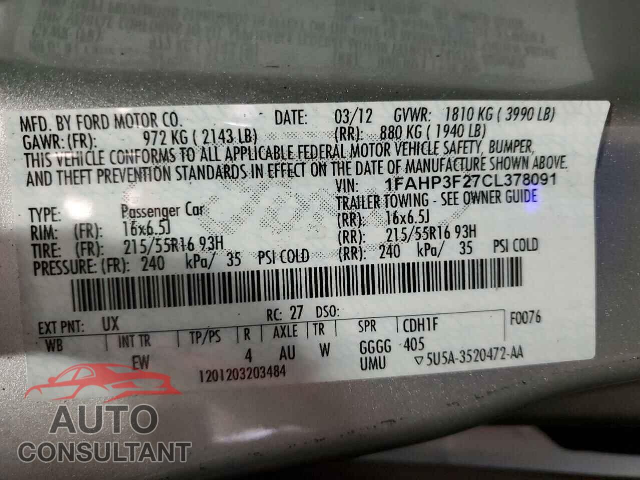 FORD FOCUS 2012 - 1FAHP3F27CL378091