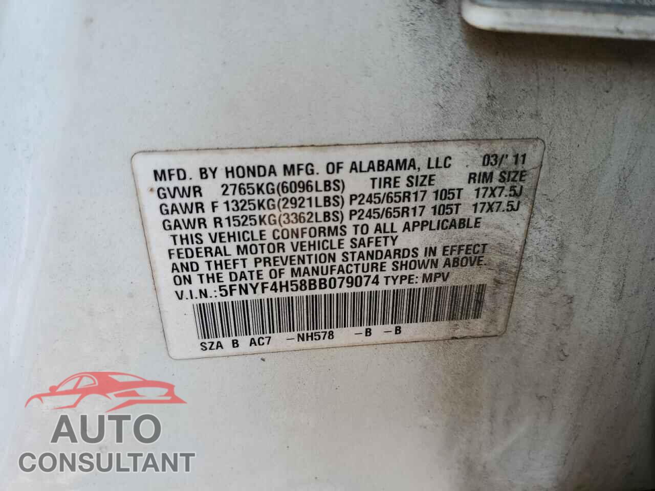 HONDA PILOT 2011 - 5FNYF4H58BB079074