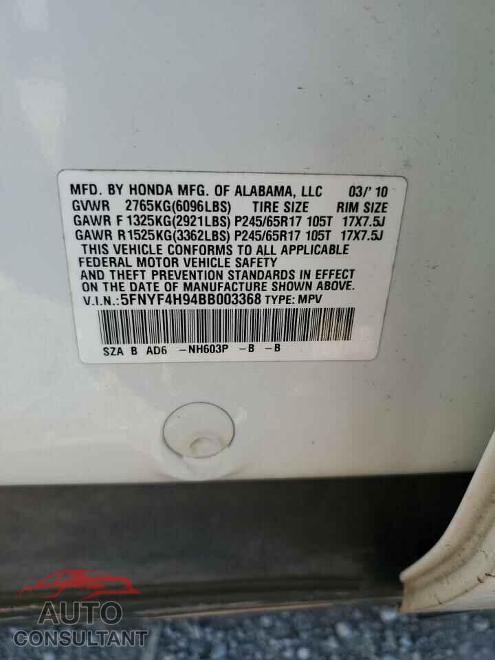 HONDA PILOT 2011 - 5FNYF4H94BB003368