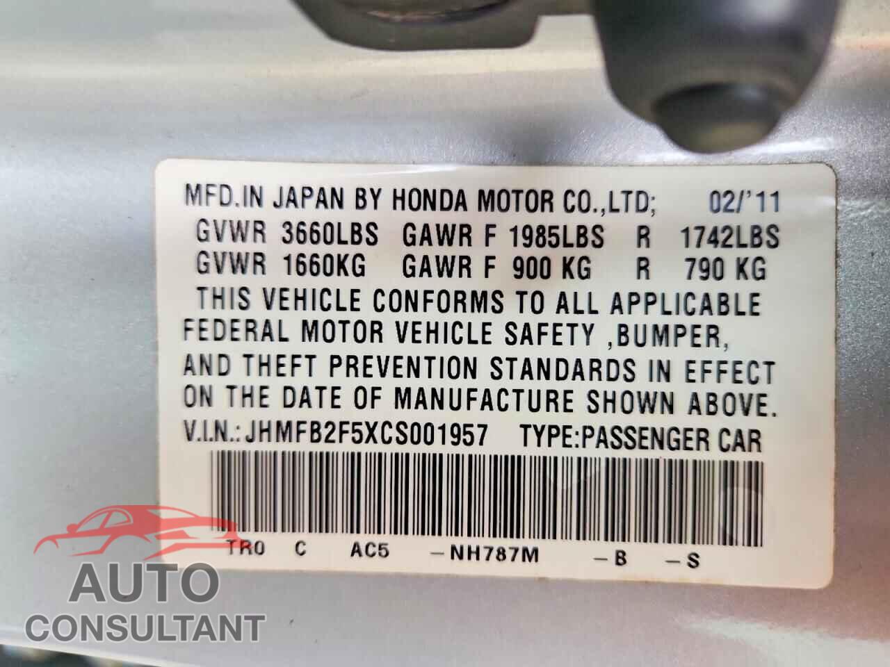 HONDA CIVIC 2012 - JHMFB2F5XCS001957