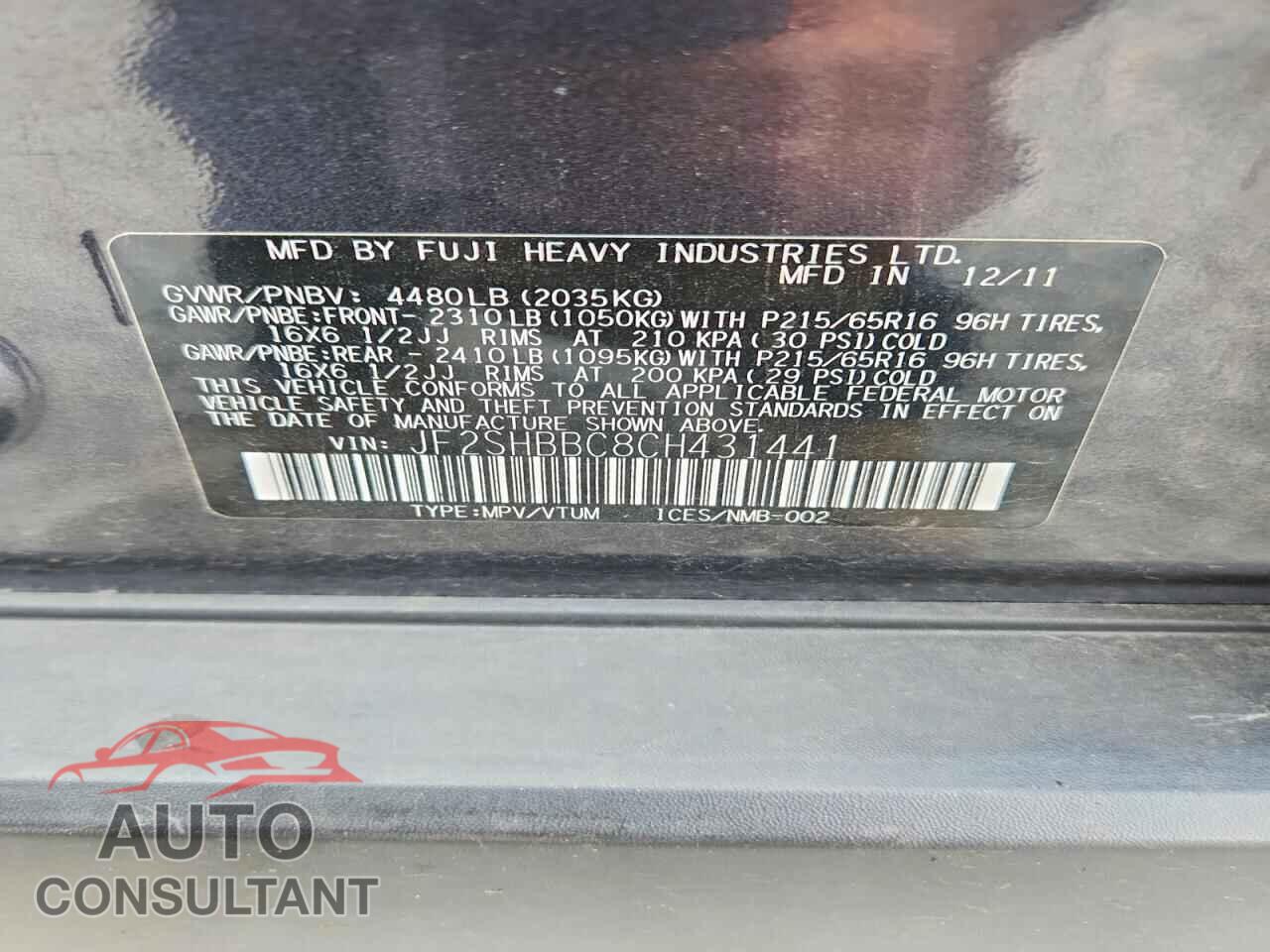 SUBARU FORESTER 2012 - JF2SHBBC8CH431441