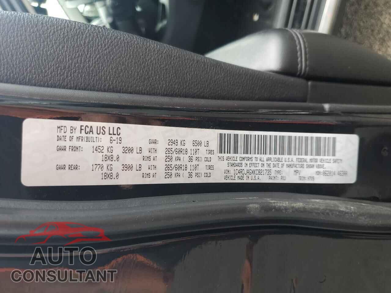 DODGE DURANGO 2019 - 1C4RDJAGXKC821735