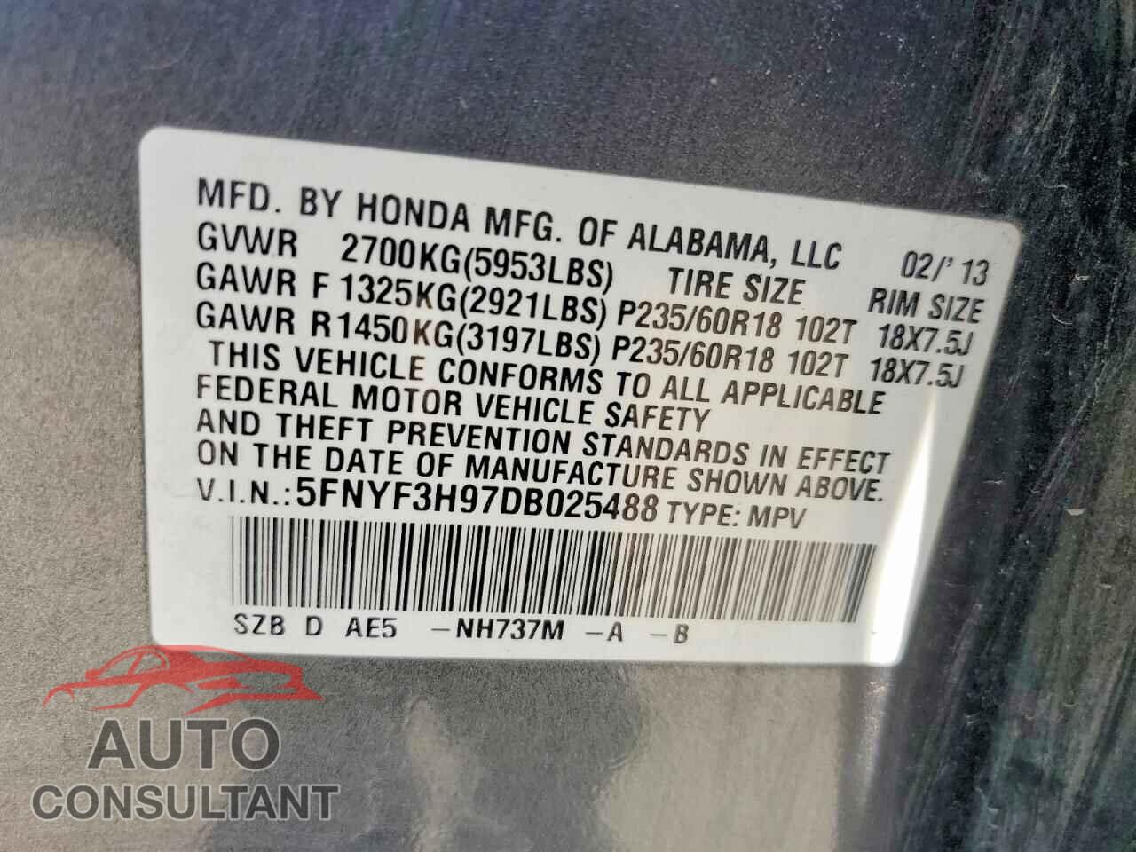 HONDA PILOT 2013 - 5FNYF3H97DB025488