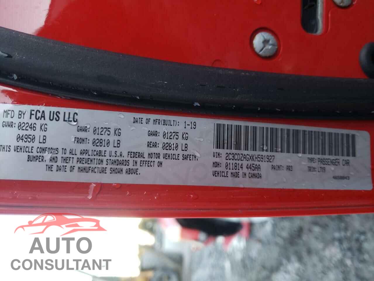 DODGE CHALLENGER 2019 - 2C3CDZAGXKH591927